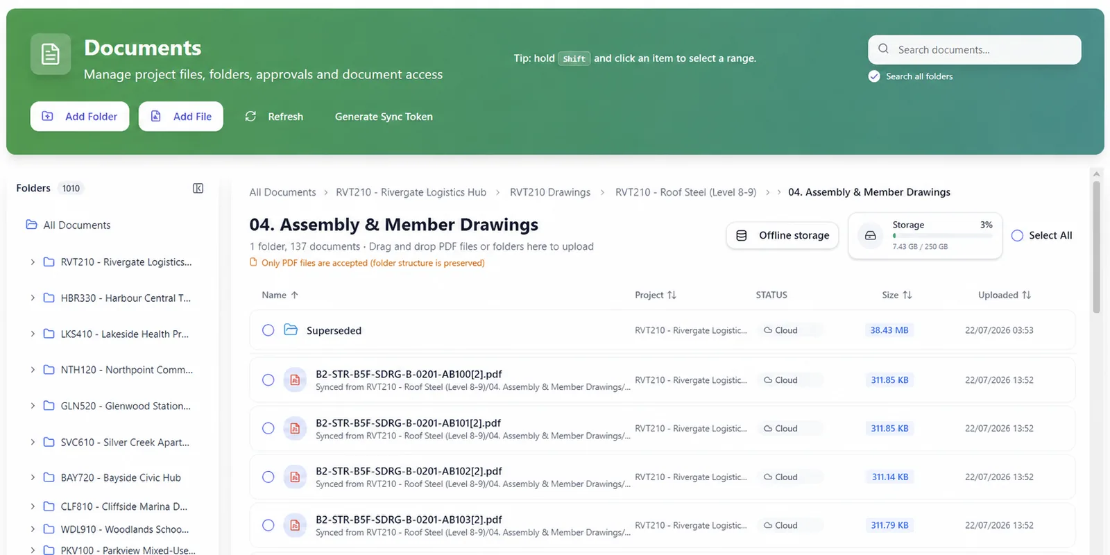 SubbieSure document storage with folders, projects and cloud files