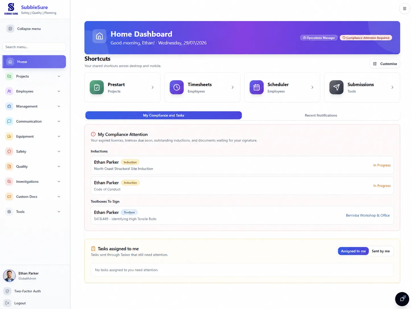 SubbieSure home dashboard showing shortcuts, compliance attention and assigned tasks