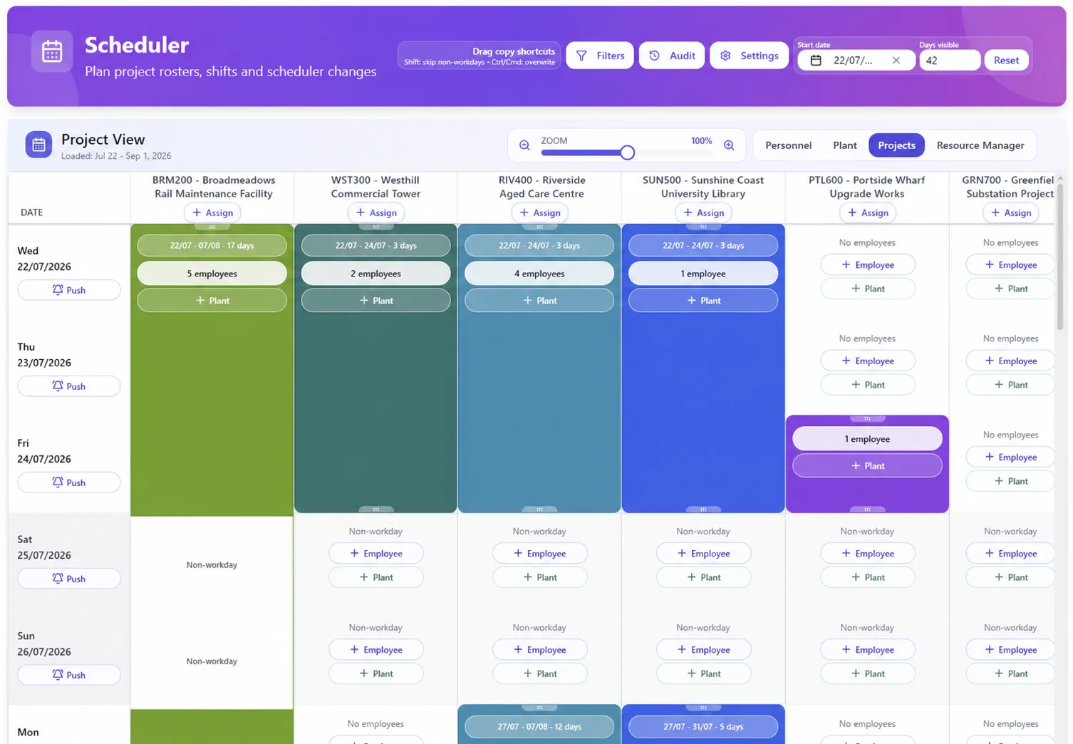 SubbieSure project scheduler assigning employees and plant across projects