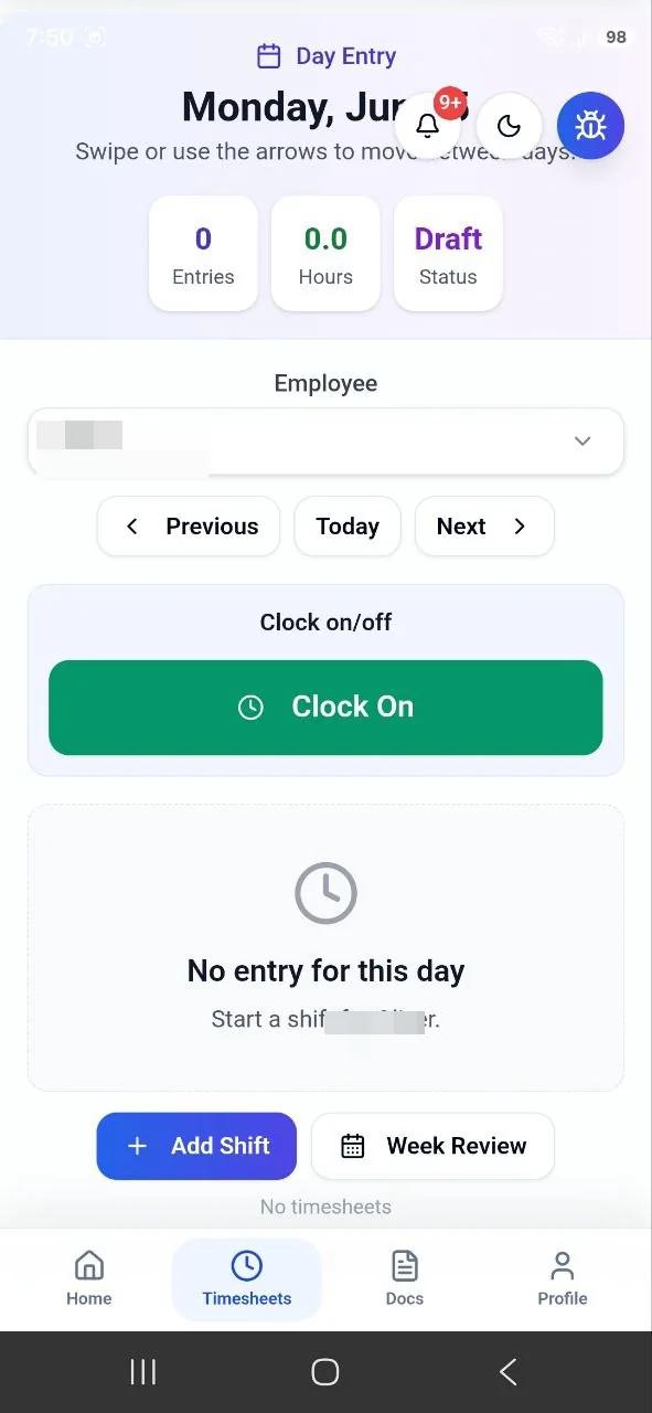 SubbieSure mobile timesheet with clock on and off